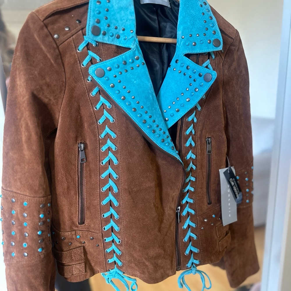 Bagatelle Brown and Blue Leather Jacket - Picture 3 of 9